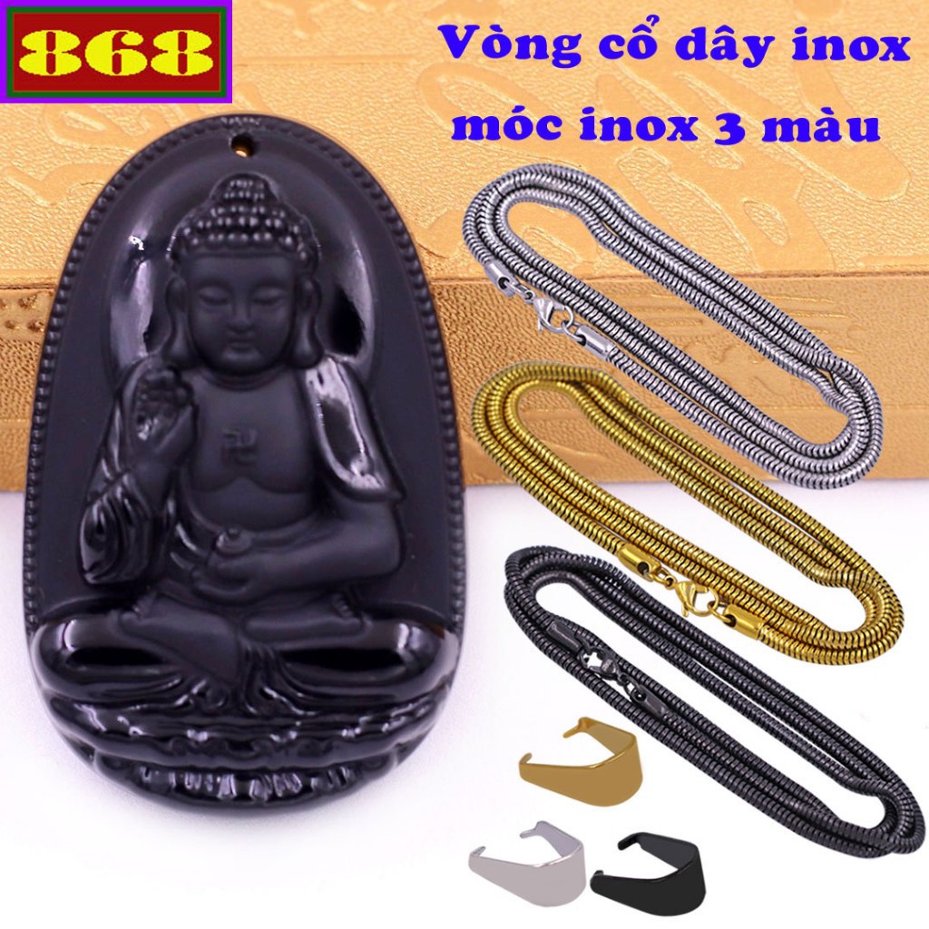 Mặt dây chuyền Phật A di đà đá đen kèm vòng cổ dây chuyền inox rắn + móc inox - Phật bản mệnh, mặt dây chuyền