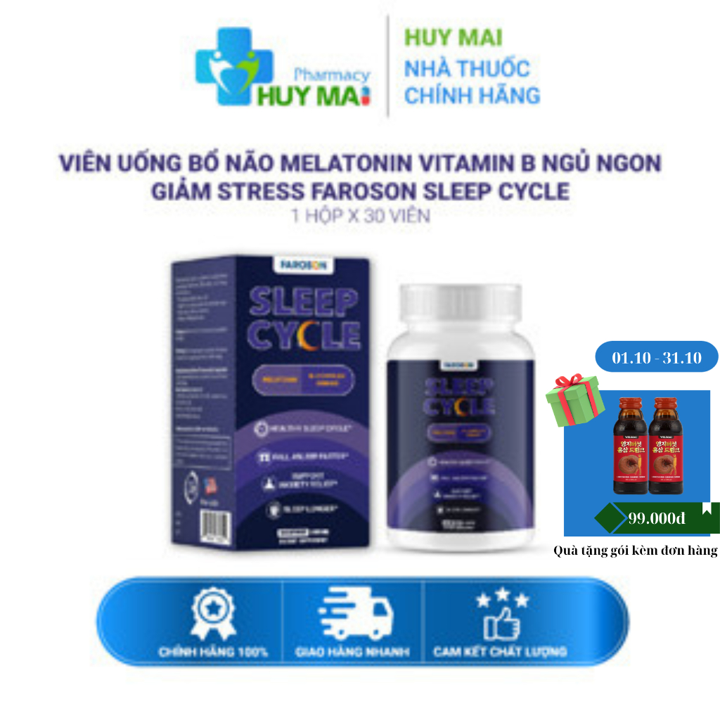 Viên uống bổ não Melatonin Vitamin B ngủ ngon giảm stress Faroson Sleep Cycle Hộp 30 viên/60 viên