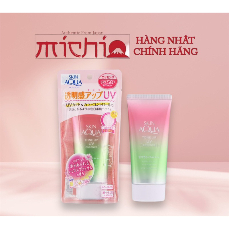 Kem chống nắng nâng tông Skin Aqua Tone Up UV Essence Happiness Aura Rose Color SPF50+/PA++++ (hồng sakura)