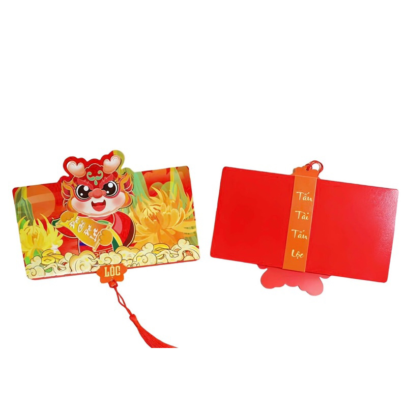 Bao lì xì 2 ngăn, 6 ngăn PHÚC LỘC THỌ xuân giáp thìn, đầu rồng ánh nhũ 2024