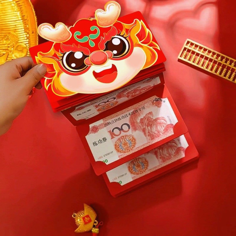 Bao lì xì 2 ngăn, 6 ngăn PHÚC LỘC THỌ xuân giáp thìn, đầu rồng ánh nhũ 2024