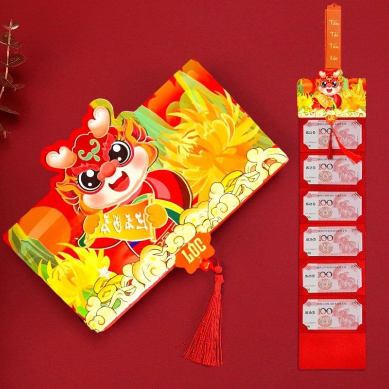 Bao lì xì 2 ngăn, 6 ngăn PHÚC LỘC THỌ xuân giáp thìn, đầu rồng ánh nhũ 2024