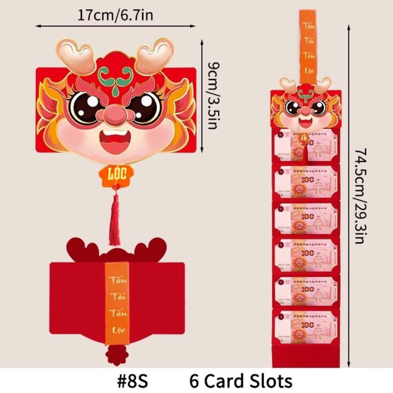Bao lì xì 2 ngăn, 6 ngăn PHÚC LỘC THỌ xuân giáp thìn, đầu rồng ánh nhũ 2024