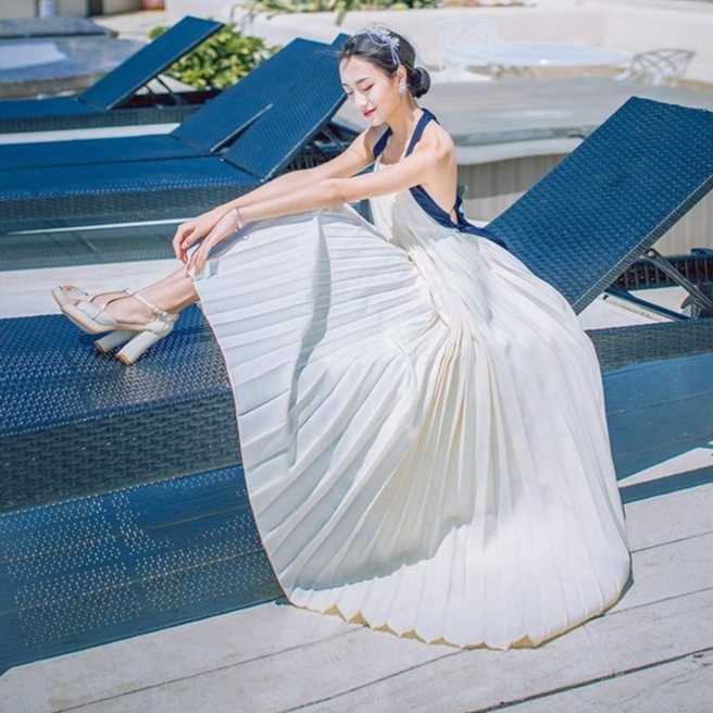 (Sale up to 50%). Đầm Maxi Đi Biển Dài Xòe Xếp Ly Lưng Hở Gợi Cảm Kiểu Pháp Geisha Géis