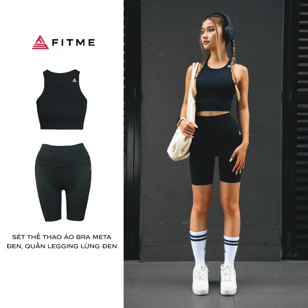 Bộ thể thao nữ Fitme áo bra tập gym Meta Đen, quần legging lửng co giãn 4 chiều năng động thấm hút tốt