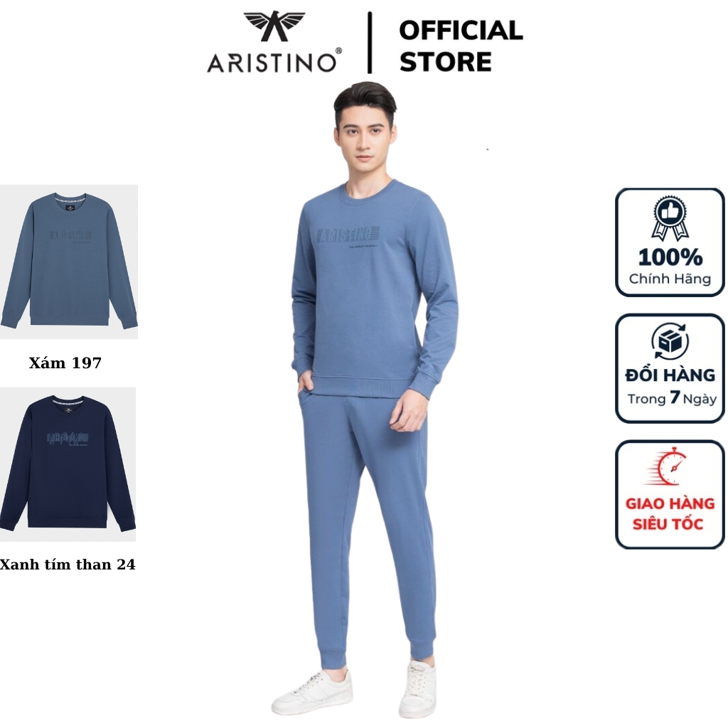 Bộ thu đông ARISTINO ALH010W3 đồ mặc nhà nam trơn màu dáng suông bo tay gấu áo cổ tròn quần cạp chun vải cotton ấm áp