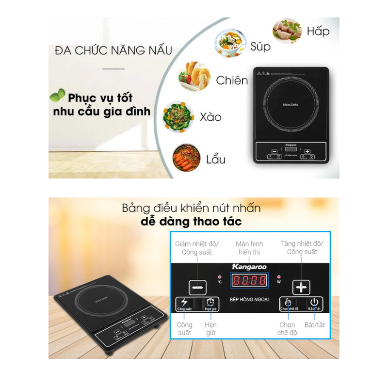 Bếp hồng ngoại Kangaroo KG20IFP1 - Mặt kính chịu nhiệt - Công suất 2000W