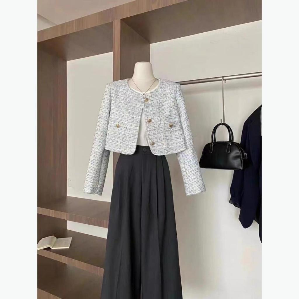 Áo dạ tweed croptop Caliesweet áo khoác dạ nữ dài tay cổ tròn tôn dáng phong cách thời trang CMA0177A