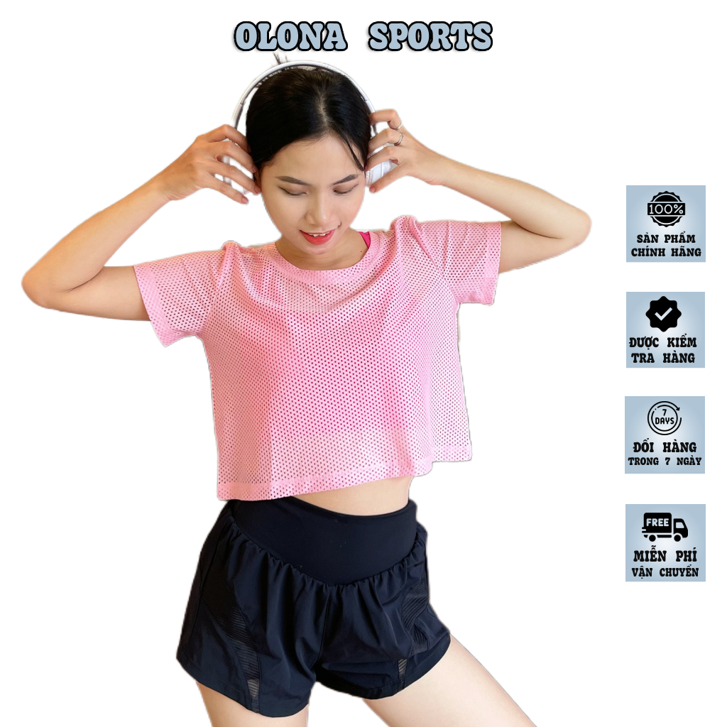 Áo lưới croptop cho nữ OLONA - Áo lưới thể thao tập Gym, Yoga chất vải cao cấp thoáng mát AC05