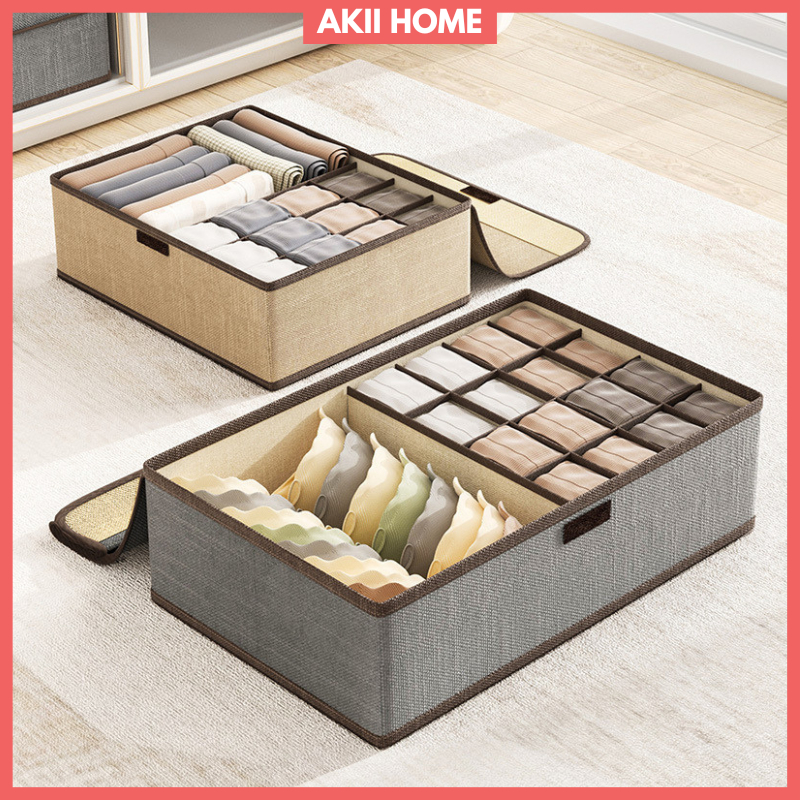 Hộp đựng đồ lót có nắp, nhiều ngăn, vải lanh cao cấp, có thể gấp gọn Akii Home TD36