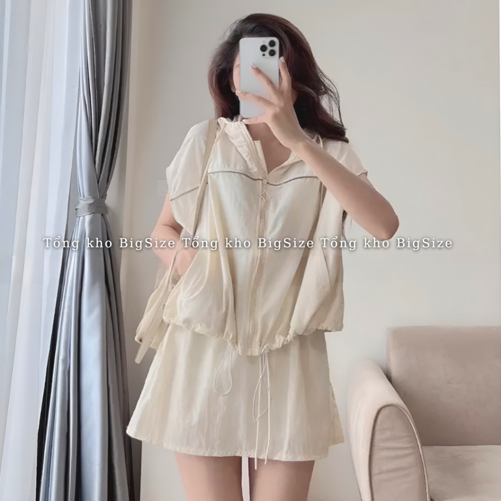 Set gió nữ BIGSIZE áo khoác gió cộc tay mix chân váy cạp chun 1919