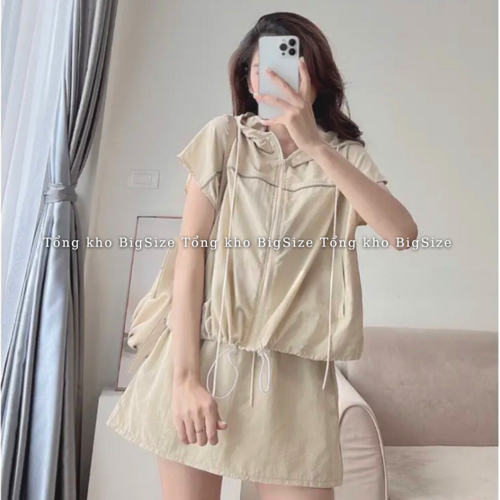Set gió nữ BIGSIZE áo khoác gió cộc tay mix chân váy cạp chun 1919