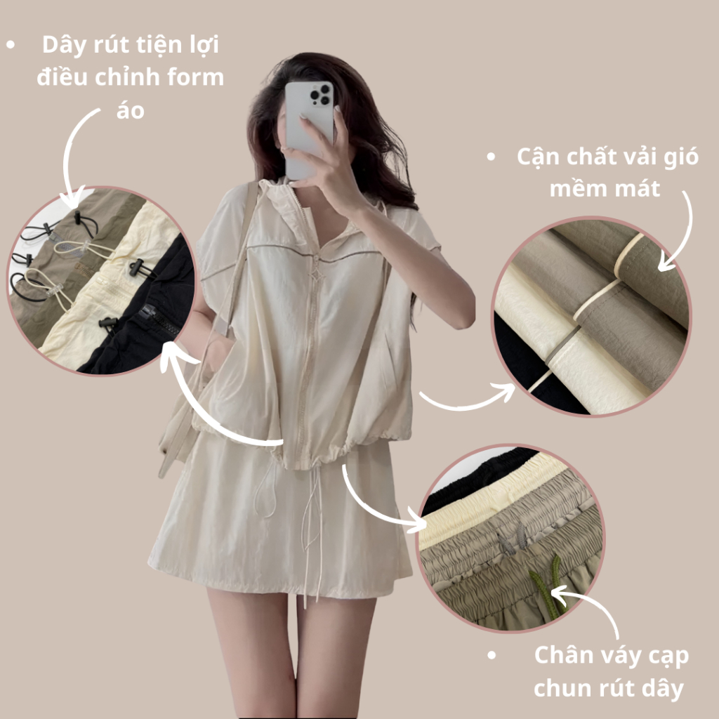 Set gió nữ BIGSIZE áo khoác gió cộc tay mix chân váy cạp chun 1919