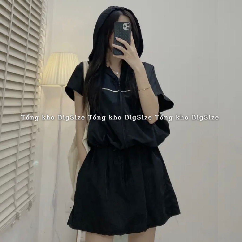 Set gió nữ BIGSIZE áo khoác gió cộc tay mix chân váy cạp chun 1919