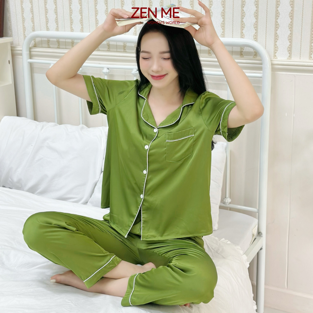 Đồ ngủ lụa latin nữ pijama form rộng Zenme, Bộ mặc nhà vải trơn tay ngắn quần dài thoáng mát, mềm mịn PJD0322