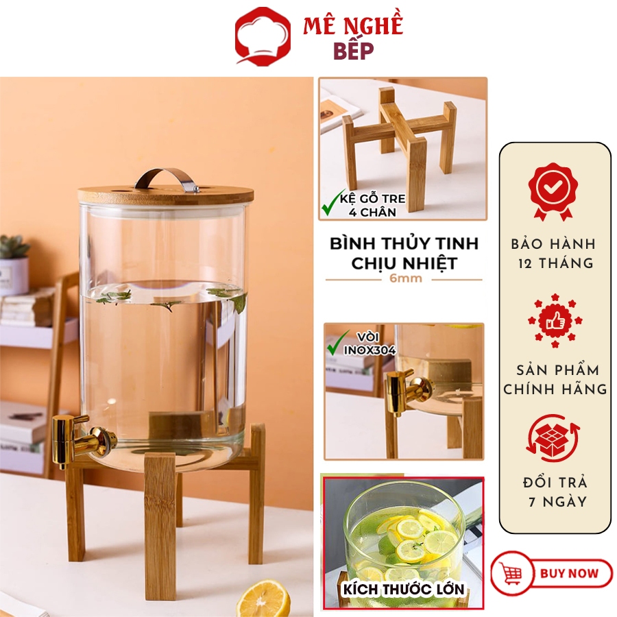 Bình Thủy Tinh Có Vòi Chịu Nhiệt - Dung Tích 5L,8L,11L-Vòi INOX 304 Chống Tắc-Nắp Tre Đệm Slicon