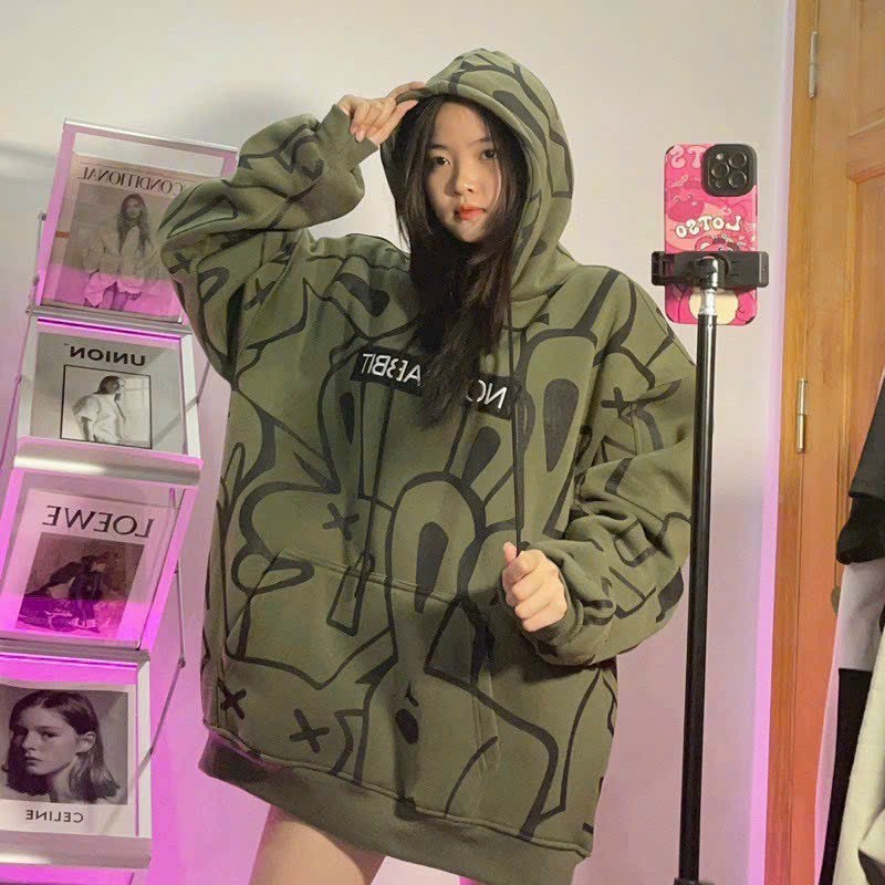 Áo khoác hoodie Nam Nữ họa tiết hình thỏ toàn thân form rộng tay phồng chất nỉ cao cấp xịn xò TS