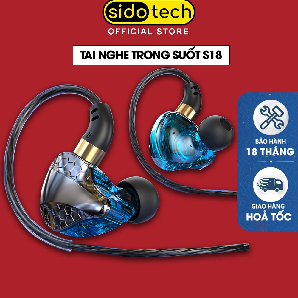 Tai nghe có dây nhét tai SIDOTECH S18 gaming in ear trong suốt phong cách âm thanh vòm studio hifi 3D ống động