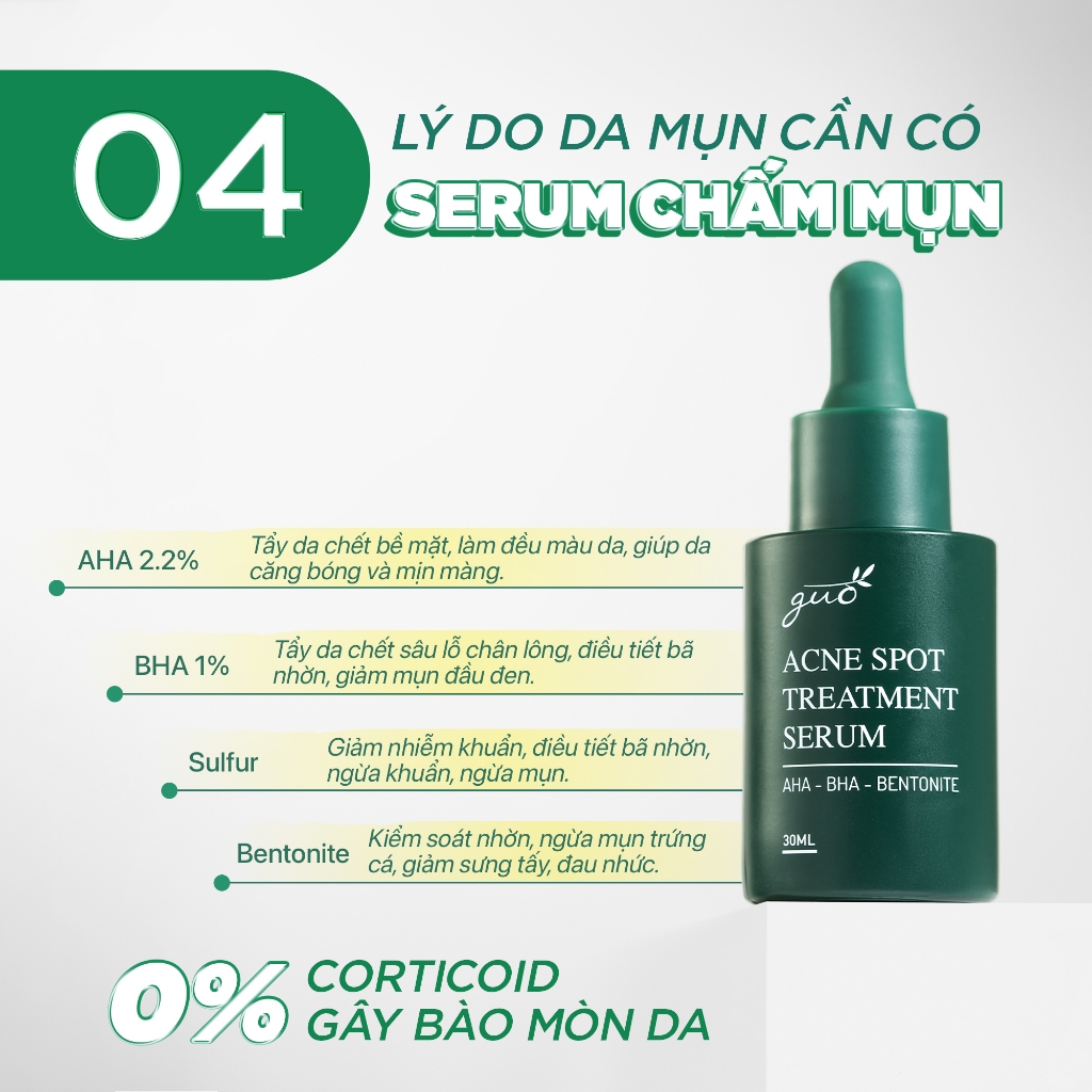 Serum giảm mụn, mờ thâm BHA 1%+AHA 2%+tràm trà, giảm sợi bã nhờn hiệu quả GUO 30ml