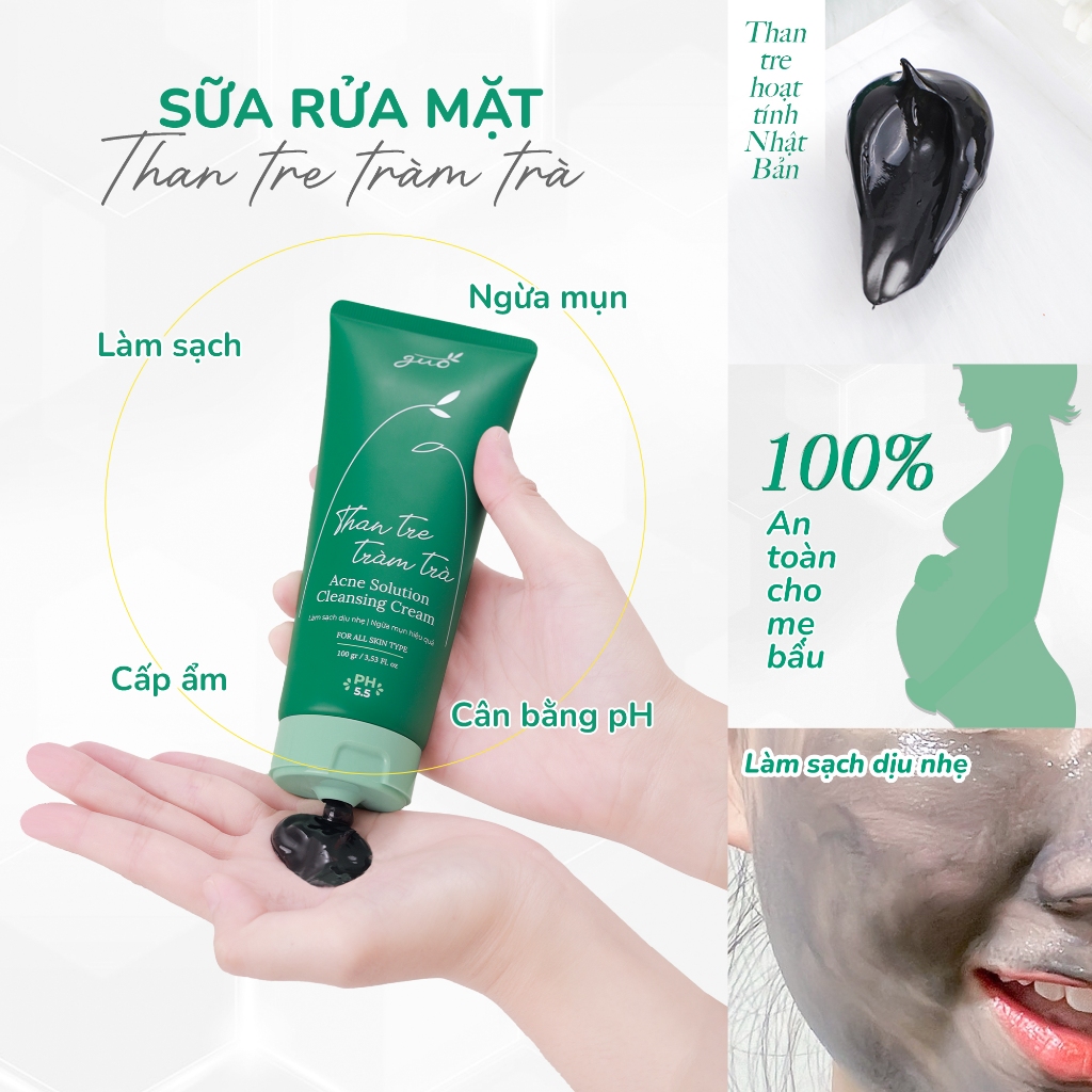 Sữa Rửa Mặt Than Tre Tràm Trà An Toàn Cho Bà Bầu pH 5.5, Không Sulfate, Kiềm Dầu, Ngừa Mụn Hiệu Quả GUO 100g