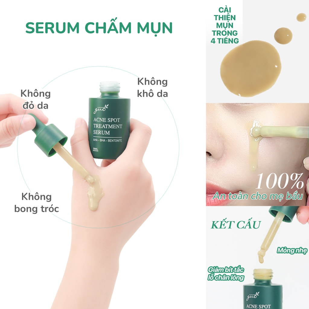 Serum giảm mụn, mờ thâm BHA 1%+AHA 2%+tràm trà, giảm sợi bã nhờn hiệu quả GUO 30ml