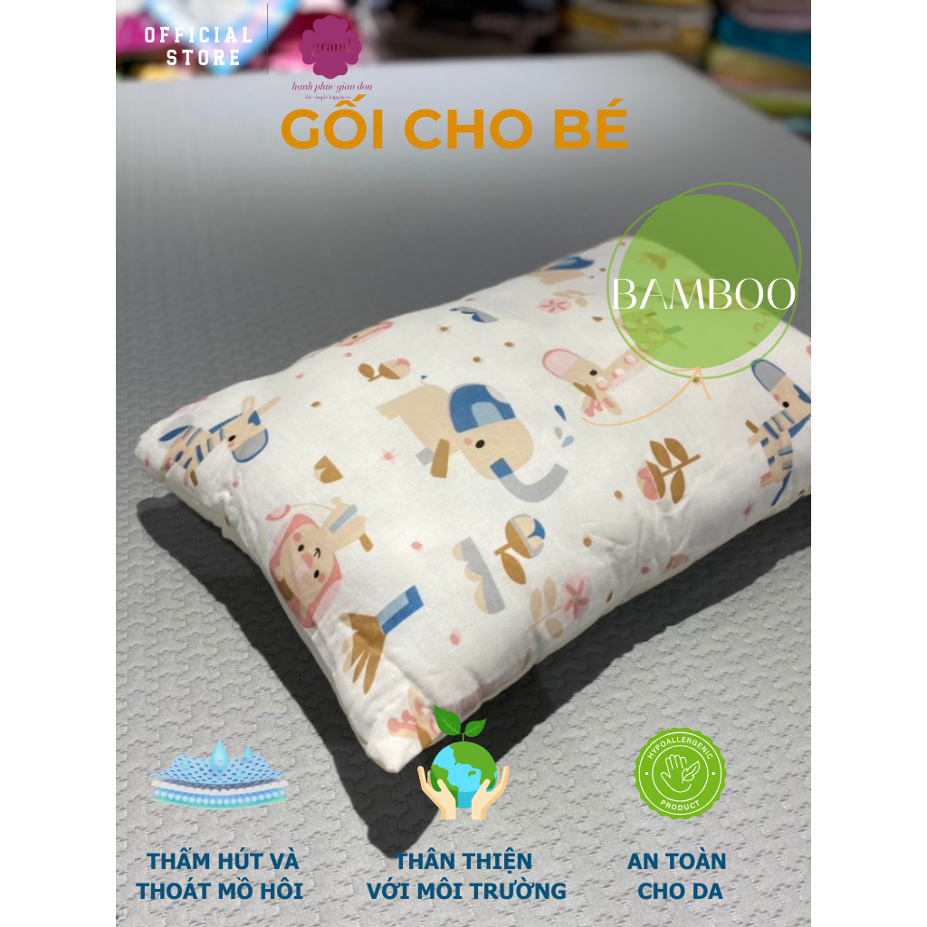 Gối bông cho bé,Bamboo kids- sợi Bamboo bông siêu mềm Grand, gối cho bé đi học