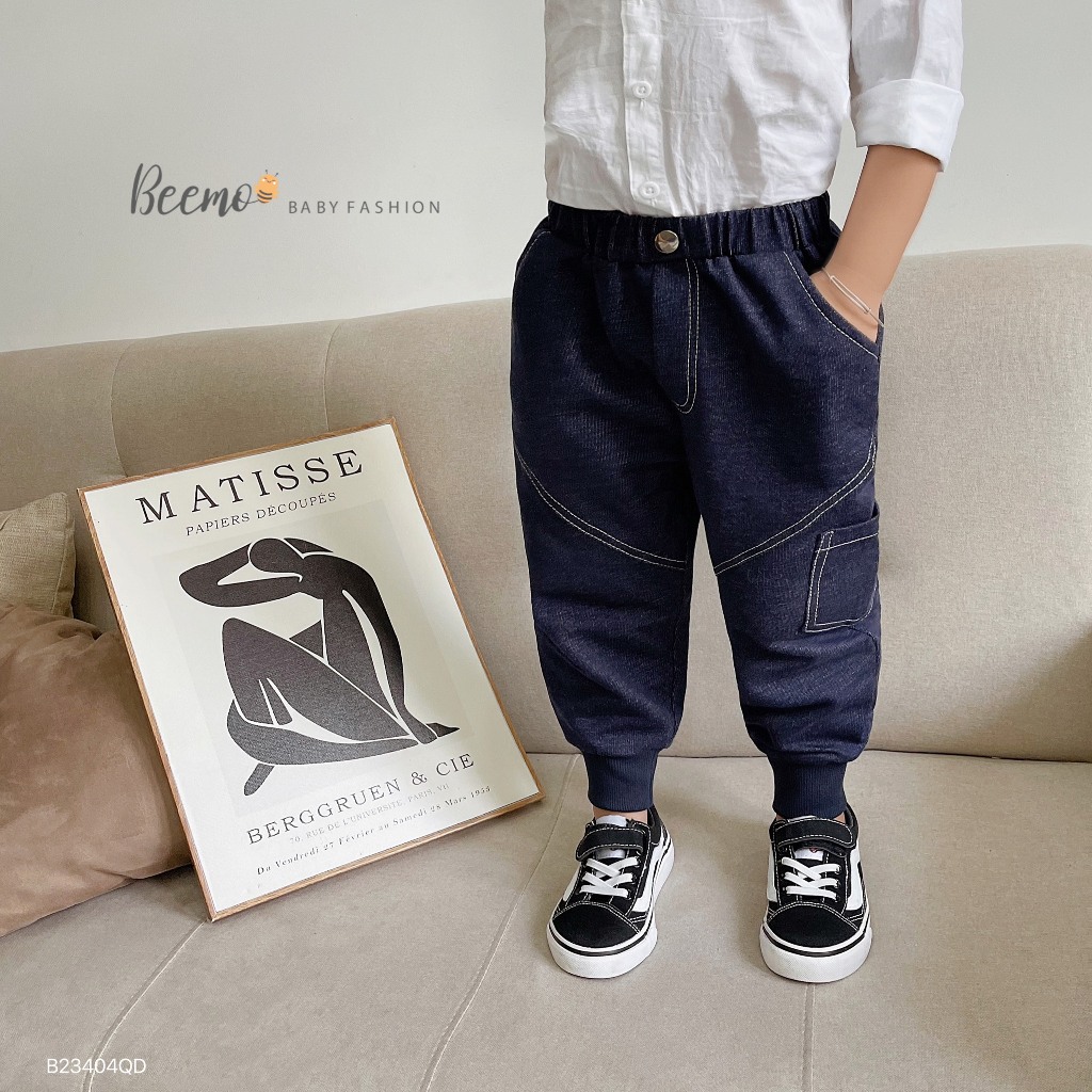 Quần dài Beemo cho bé trai, giả jeans bo gấu chỉ nổi, chất liệu nỉ da cá mềm mại, co giãn, mặc đi học, đi chơi B23404QD