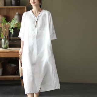 Đầm hè nữ, Váy linen trắng cổ phát V chất linen tự nhiên thoáng mát mặc đi làm đi chơi Dv78