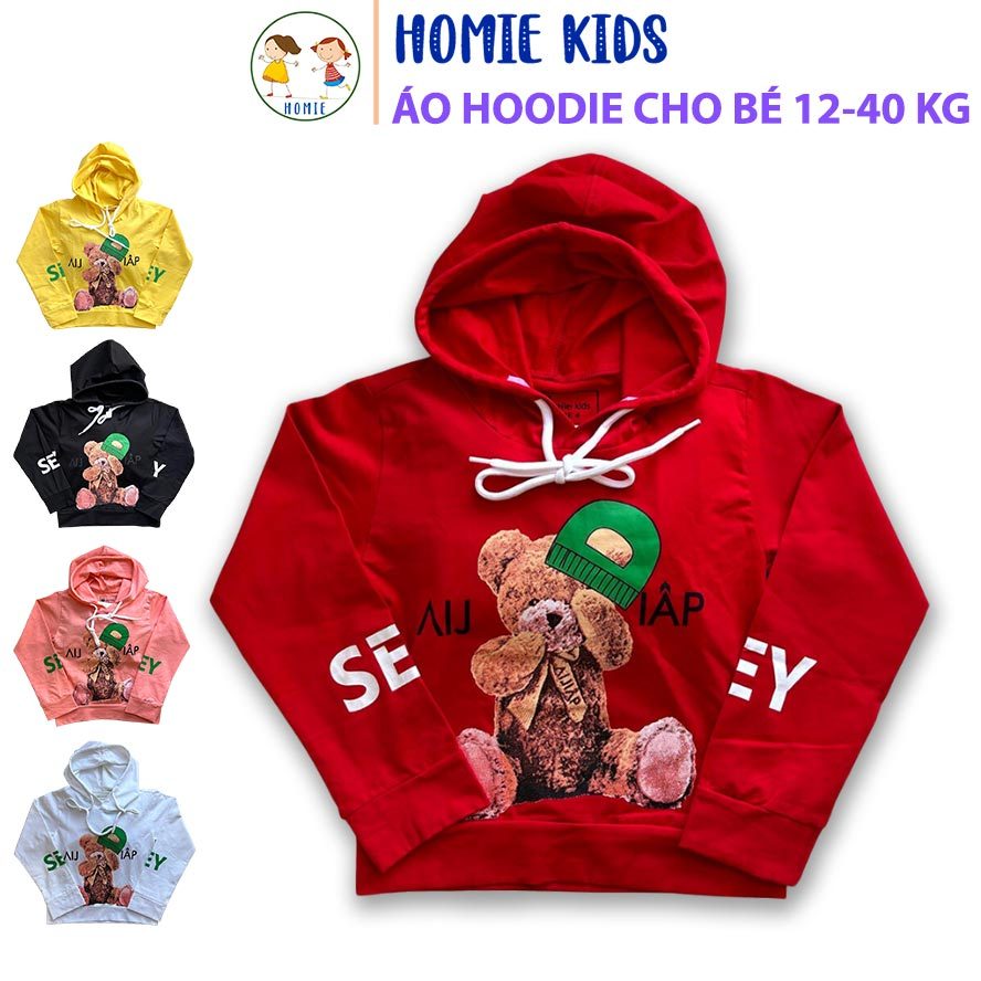 Áo hoodie trẻ em 12-40 kg Áo khoác cho bé trai bé gái có mũ in hình gấu đẹp chất cotton mịn mát nhiề