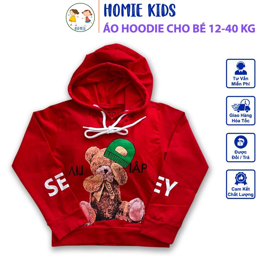 Áo hoodie cho bé trai bé gái 12-40 kg Áo khoác trẻ em có mũ in hình gấu đẹp chất cotton mịn mát màu 
