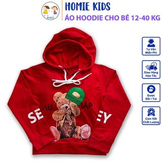 Áo hoodie cho bé trai bé gái 12-40 kg Áo khoác trẻ em có mũ in hình gấu đẹp chất cotton mịn mát màu đỏ Homie Kids