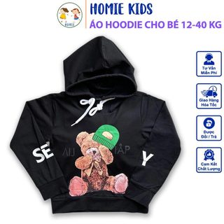 Áo hoodie cho bé trai bé gái 12-40 kg Áo khoác trẻ em có mũ in hình gấu đẹp chất cotton mịn mát màu đen Homie Kids