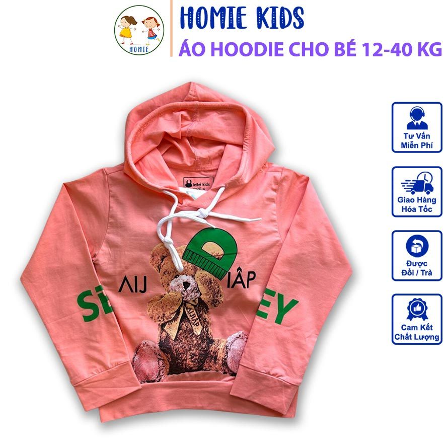 Áo hoodie cho bé trai bé gái 12-40 kg Áo khoác trẻ em có mũ in hình gấu đẹp chất cotton mịn mát màu 