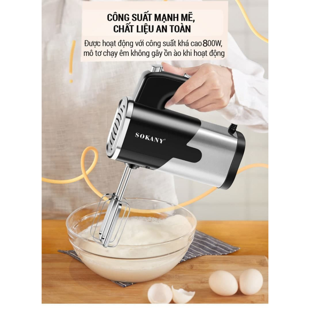 Máy Đánh Trứng Cầm Tay SOKANY SK6621- Máy Đánh Trứng, Tạo Bọt Cafe, Trộn Bột Làm Bánh Với Công Suất 800W Kèm 4 Đầu