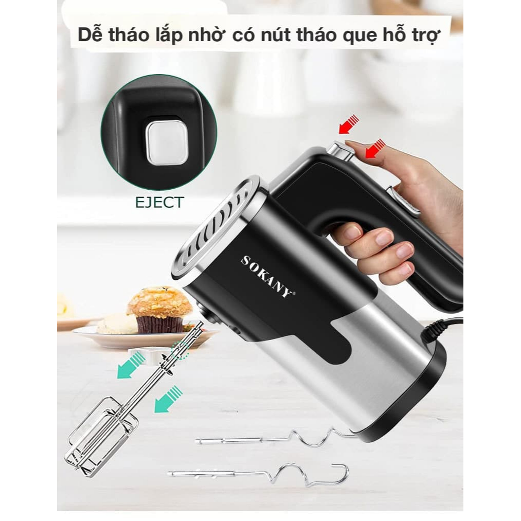 Máy Đánh Trứng Cầm Tay SOKANY SK6621- Máy Đánh Trứng, Tạo Bọt Cafe, Trộn Bột Làm Bánh Với Công Suất 800W Kèm 4 Đầu