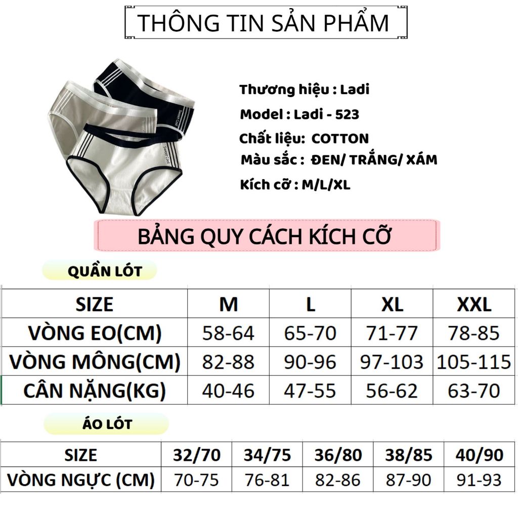 Quần Lót Nữ Cotton Ladi Cao Cấp Cotton Sweet Cool phối sọc thể thao trẻ trung gợi cảm tôn dáng mã 523