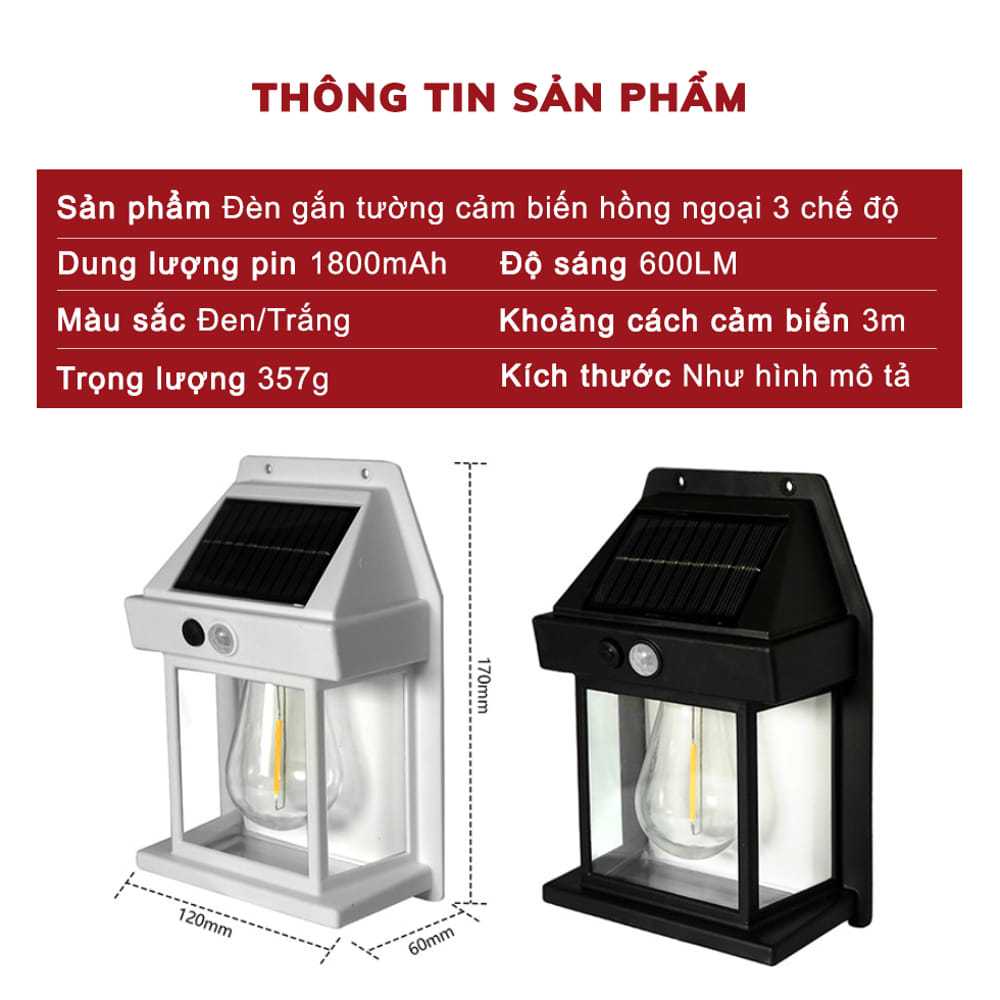 Đèn Treo Tường Cảm Biến Chuyển Động Pin Năng Lượng Mặt Trời BK - 888 Chống Thấm Nước Trang Trí Sân Vườn Dây Vonfam