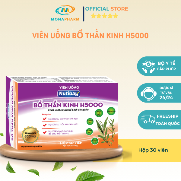 Viên uống bổ thần kinh H5000 - Hỗ trợ giảm đau thần kinh ngoại biên, khó ngủ do đau thần kinh cơ- Hộp 30 viên