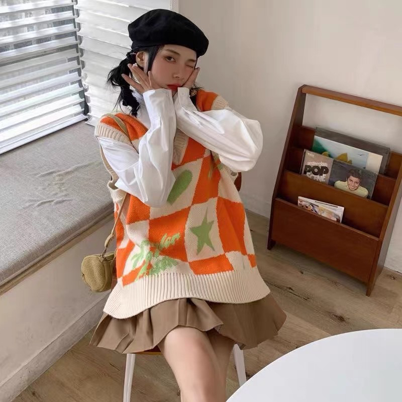 Áo gile len dệt kim kẻ sọc ca rô màu cam