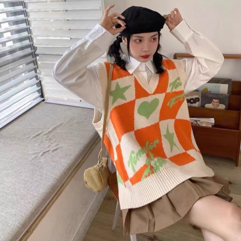 Áo gile len dệt kim kẻ sọc ca rô màu cam