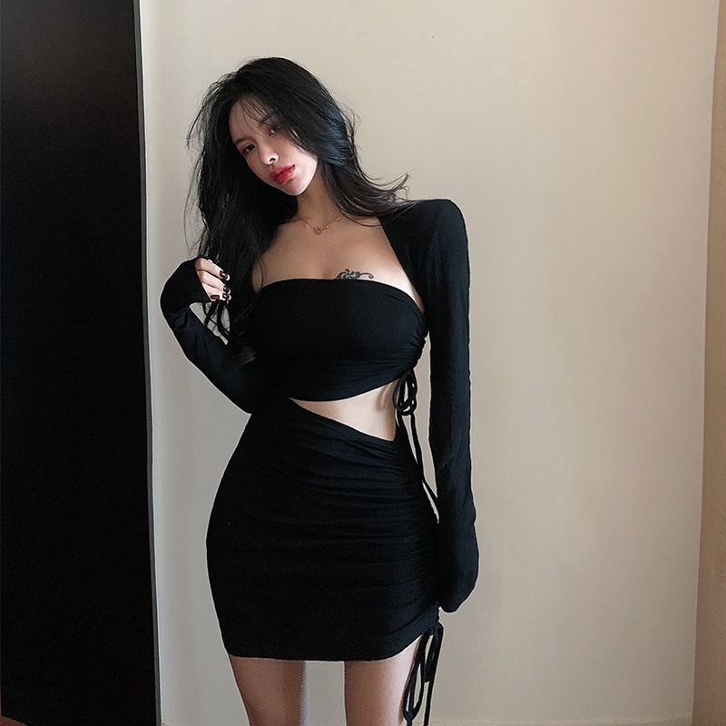 Set Đầm Body Khoét Eo Dây Rút RANSHI Gồm Đầm Cúp Ngực Ôm Sát Cutout Và Áo khoác Croptop Tay Dài Chất Dày Dặn - RBD106