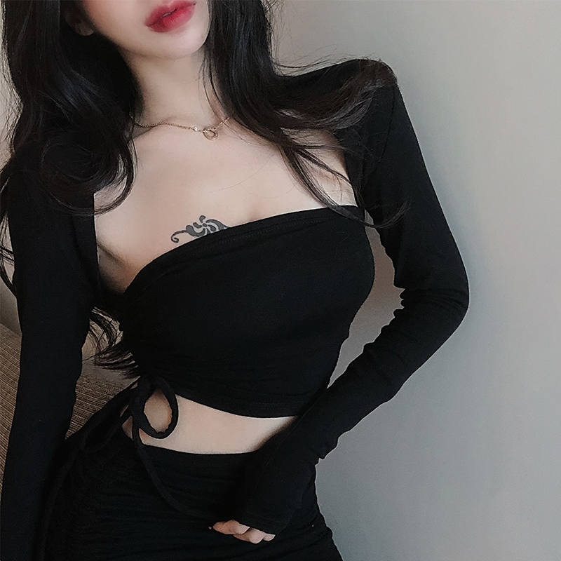 Set Đầm Body Khoét Eo Dây Rút RANSHI Gồm Đầm Cúp Ngực Ôm Sát Cutout Và Áo khoác Croptop Tay Dài Chất Dày Dặn - RBD106