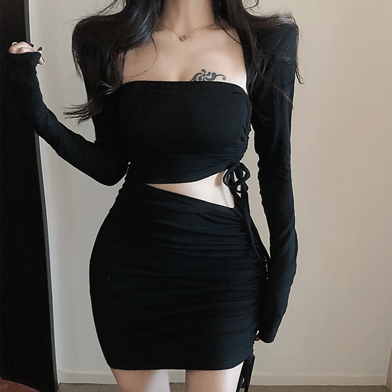 Set Đầm Body Khoét Eo Dây Rút RANSHI Gồm Đầm Cúp Ngực Ôm Sát Cutout Và Áo khoác Croptop Tay Dài Chất Dày Dặn - RBD106