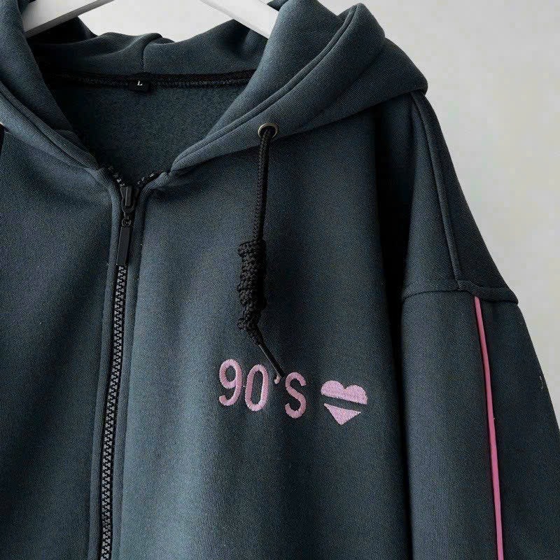 Áo hoodie zip thêu trái tim 90S, Áo khoác nỉ dày dặn Unisex