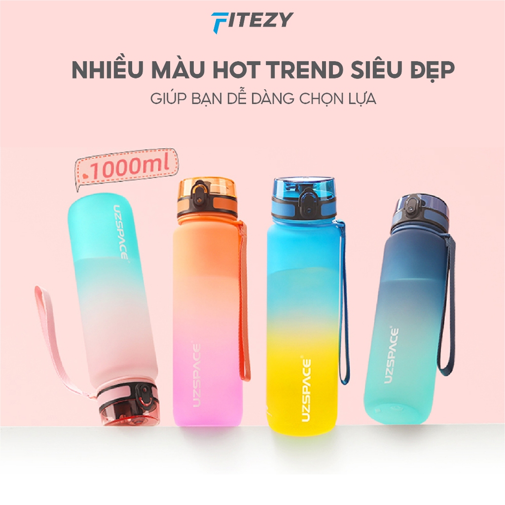 Bình nước thể thao FITEZY, bình nước Tritan NEWB 1000 ML tập gym có khóa an toàn, dây đeo chắc chắn