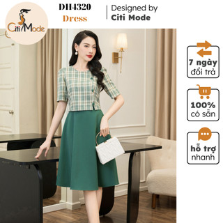 Đầm công sở CITI MODE FASHION thiết kế dáng xoè kẻ croptop phối chân xòe xanh DH4320