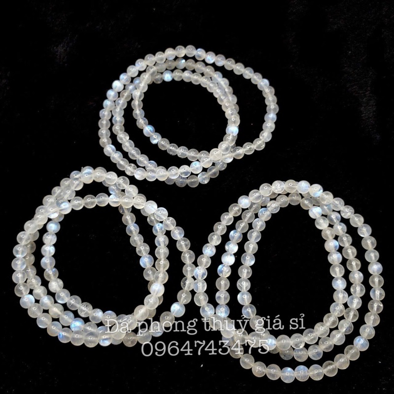 Chuỗi mặt trăng moonstone ánh xanh mạnh chất trong quấn 3 hàng vip siêu đẹp mịn