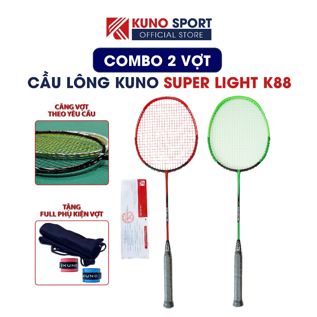 Combo 2 Vợt Cầu Lông 6U Kuno Super Light K88, Công Thủ Toàn Diện, Căng Sẵn 10kg