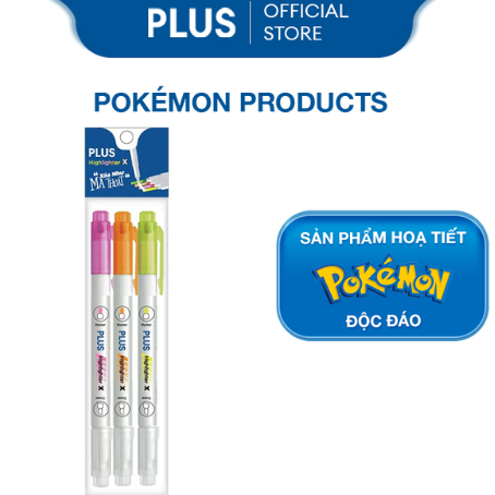 Combo 3 Bút Highlight Nhấn Dòng Dạ Quang PLUS Ma Thuật Phiên Bản Pokemon - Có Đầu Xóa Highlight Dạ Quang
