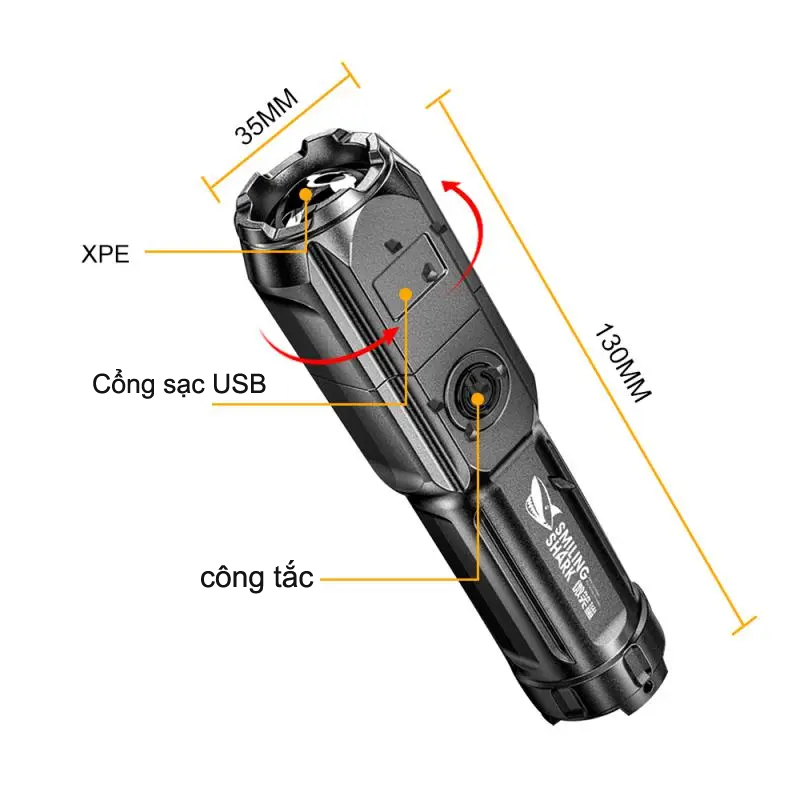 Đèn pin cầm tay LED siêu sáng ABS sạc siêu sáng, XHP 18650 siêu sáng, đèn pin mini zoom xa gần chống thấm nước LED chùm